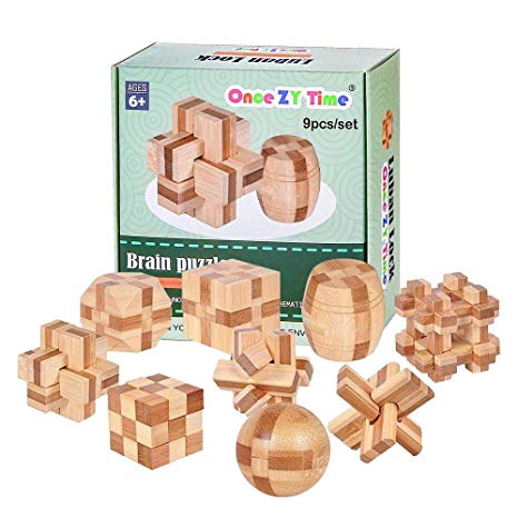 Once ZY Time Puzzles Wooden Puzzles Games Burr Puzzles Jigsaw Lock 3D Handmade Brain Teaser Intellectual Educational Toys for Kids Adults Mini Size 9pcs/Set