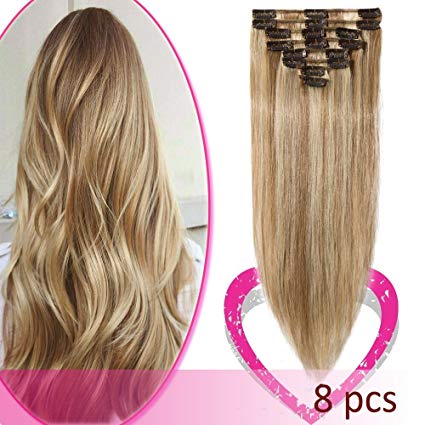 14" Remy Clip in on Hair Extensions Remy Human Hair Highlight Standard Weft 60g 8 Pcs 18 Clips Thick Soft Silky Straight Hair for Women Beauty Gift #12/613 Golden Brown Mix Bleach Blonde