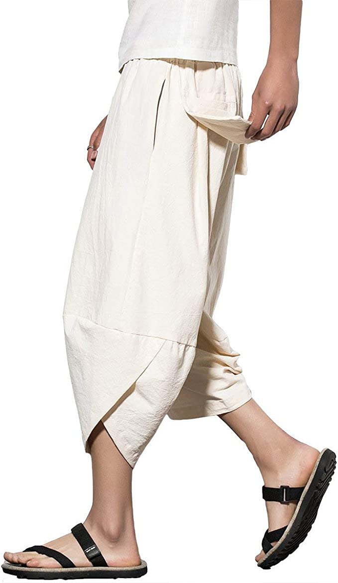 PRIJOUHE Men's Harem Capri Pants, Wide Leg Mens Capris, Summer Linen Pants