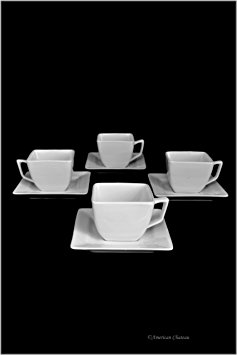 Set 4 White Porcelain Square Demitasse Espresso Coffee Cups and Saucers (Boxed)