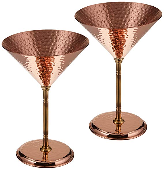 2 X CopperBull Gorgeous Hammered Copper Martini Goblets Glasses, 10 Ounces (Unlined Copper )