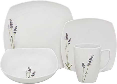 Melange Square 32-Piece Porcelain Dinnerware Set (Lavender) | Service for 8 | Microwave, Dishwasher & Oven Safe | Dinner Plate, Salad Plate, Soup Bowl & Mug (8 Each)