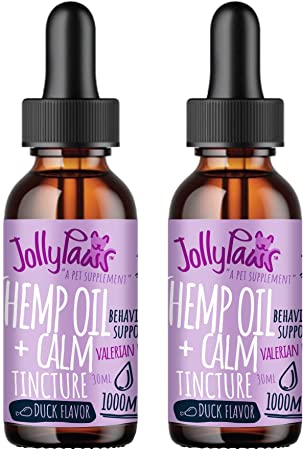 Jollypaws Hemp Oil for Dogs Cats 1000 mg, (2-Pack) Calming Tincture with Valerian Root to Reduce Stress, Pain, and Anxiety, Calm Behavior Support, Duck Flavor Liquid Drops