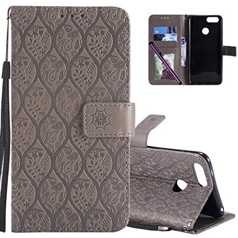 Honor 7X Leather Case COTDINFORCA Premium PU Flip Book Style Kickstand Embossed Design Magnetic Protective Cover with Card Slots for Huawei Honor 7X (2017)/Huawei Mate SE (2018). Rattan Gray