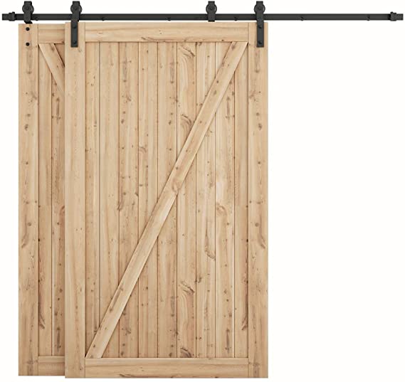 SMARTSTANDARD 8 Feet Bypass Sliding Barn Door Hardware Kit - Single Track Bypass for Double Wooden Doors - Smoothly & Quietly - Easy to Install - Fit 48" Wide Door Panel (J Shape Hanger)