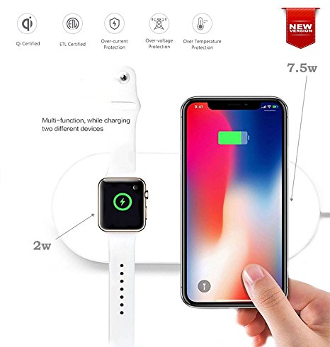 Qi Wireless Charger for Apple iWatch, Wireless Charging Pad Stand for Apple Watch 3/2, iPhone X, iPhone 8/8Plus, Samsung Galaxy S8/S8  S7/S7 Edge Note 8 Note 5 & all Qi-Enabled Device