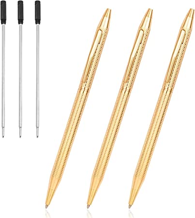 Ballpoint Pens, Cambond Gold Pen Stainless Steel Pens for Guest Book Uniform Gift - Black Ink (1.0mm Medium Point), 3 Pens with 3 Extra Refills (Gold)