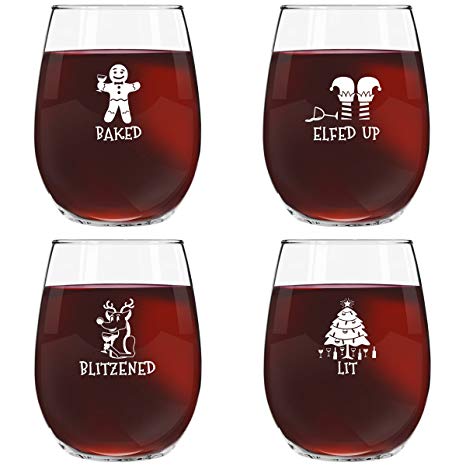 Drunk Christmas Funny Stemless Wine Glass (Set of 4) - 15 oz - Tipsy, Cheerful Holiday Party Cups- Gift Exchange Idea to Celebrate X'mas