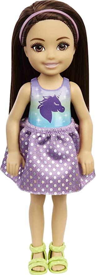 Barbie Chelsea Doll (6-inch Brunette) Wearing Tie-Dye Shorts, Molded Top & Yellow Shoes, Gift for 3 to 7 Year Olds