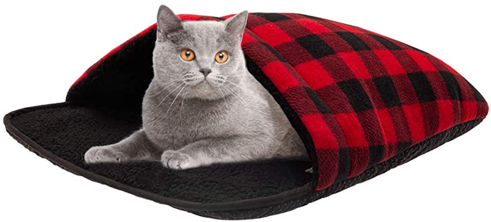 SCIROKKO Self Warming Cat Bed - Thermal Pet Cave Mat No Slip Plaid Heated Pad - Sleeping Bag for House Cats