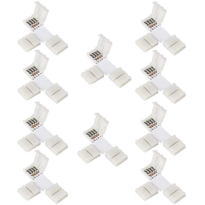 10 Pieces T Shape 4 Pin Connector SUPERNIGHT 10mm Wide Solderless Quick Splitter 4-Conductor Strip to Strip Connector for 5050 & 5630 RGB LED Strip Lights Extension