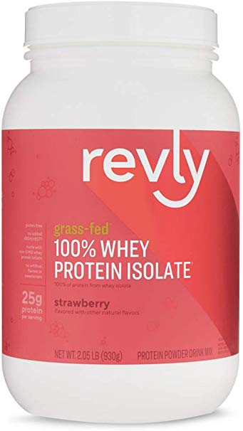 Amazon Brand - Revly 100% Grass-Fed Whey Protein Isolate Powder, Strawberry, 2.05 lbs, 30 Servings, No added rbgh/rbst‡, no artificial colors or flavors