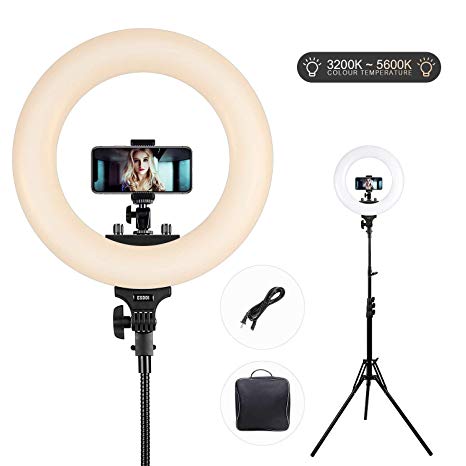 Ring Light,ESDDI 18inch Outer Dimmable SMD LED 3200K-5600K Adjustable Color Temperature with Adjustable Light Stand, Phone Adapter, Soft Tube for Studio Lighting, YouTube Video, Vlog, Selfie, Portrait