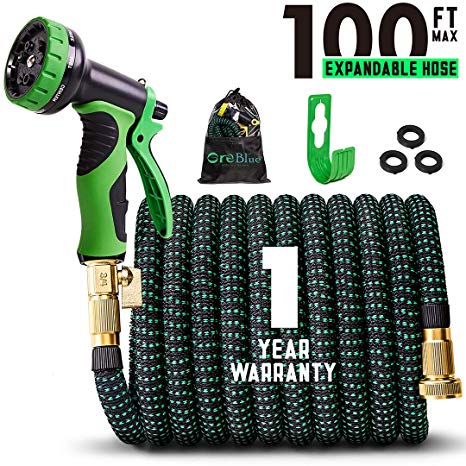 100ft Expandable Garden Hose Expanding Water Hoses, 100feet Flexible Lightweight Gardening Hoses No Kink, Outdoor Yard Cloth Hose can 3x Expandable with 100% Solid Brass Valve 9 Function Hose Nozzle