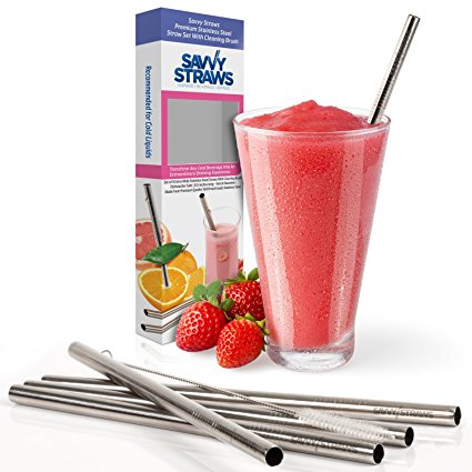 Stainless Steel Straws - Set of 5 Wide Metal Smoothie Straws w/ Cleaning Brush - by Savvy Straws
