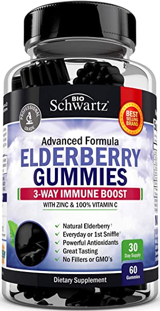 Natural Sambucus Elderberry Gummies - 3-Way Immune Support with 100% Vitamin C & Zinc - Powerful Daily Vegan Herbal Gummy Supplement with Antioxidant Formula - 60 Gummies