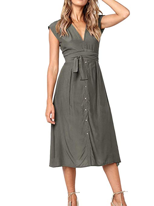 Bonny Billy Women's V-Neck Causal Solid Midi Dress with Jersey Button