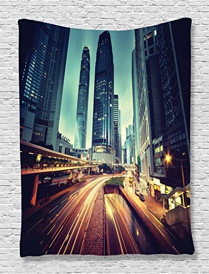 Ambesonne Dorm Room Tapestry City Decor, Cityscape Picture of Traffic in Hong Kong at Sunset Print, Bedroom Living Kids Girls Boys Room Dorm Accessories Wall Hanging Tapestry, Navy Blue Black Gold