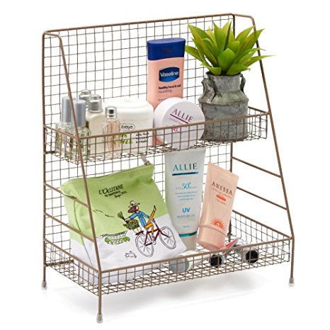 2-Tier Organizer Rack, EZOWare Wire Basket Storage Container Countertop Shelf for Kitchenware Bathroom Cans Foods Spice Office and more – Brown