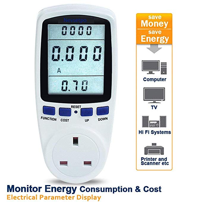 Nevsetpo Power Meter UK Plug Energy Monitor Power Consumption Electricity Usage Monitor Cost Meter Calculator Watt Voltage Amp Meter
