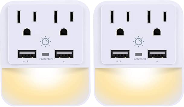 Multi Outlet, Wall Outlet, POWRUI 2-Pack Wall Mount Surge Protector(1080 Joules) with Dual USB Charger Ports(2.4A Total), Dual Outlet Extender and Dusk-to-Dawn Sensor Night Light, White