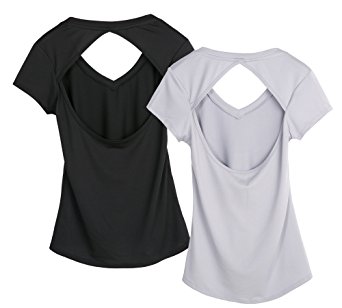 icyzone Activewear Fitness Yoga Tops Workout V Neck Open Back T-Shirts for Women