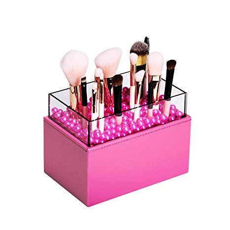JackCubeDesign Makeup Brush Holder with Pink Pearls and Acrylic (Hot Pink,3.7 x 5.7 x 4.5 inches)-:MK283C