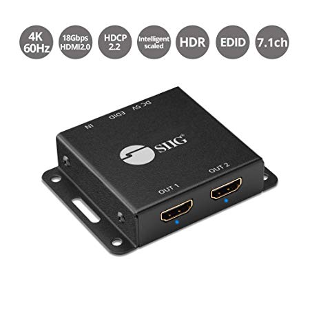 SIIG 1x2 Port HDMI 2.0 Splitter 4K 60Hz HDR Compact USB Powered Auto Scaling HDMI Splitter - HDMI 2.0a HDCP 2.2, 18Gbps, YUV 4:4:4, 3D, EDID, Dolby Digital - 1 in 2 Out (CE-H23K11-S1)