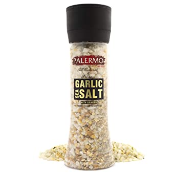 Palermo Garlic Sea Salt Seasoning with Grinder, Kosher, All Natural, No Additives, 9oz