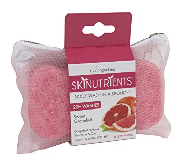 Spongeables Skinutrients Body Wash in a Sponge, Sweet Grapefruit, With Bonus Travel Bag, 20  washes, 3.5 oz Sponge