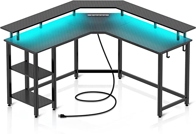 Rolanstar Computer Desk L Shaped with LED Strip & Power Outlets, Reversible L Shaped Gaming Desk Carbon Fiber Surface with Monitor Stand, L Shaped Computer Desk with USB Port&Hook,Home Office Desk