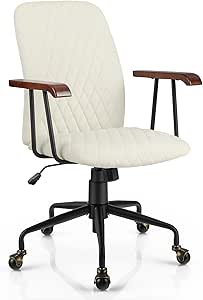 Giantex Home Office Desk Chair White, Vintage Adjustable Swivel Rolling Chair with Copper Wheels & Armrest, Mid Century Leisure Chair, Velvet Upholstered Computer Chair for Work, Study