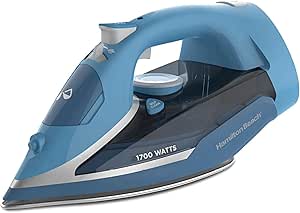 Hamilton Beach Steam Iron for Clothes & Garment Steamer with Durable Stainless Steel Soleplate, 1700 Watts for Ultra-Fast Heat, 8’ Retractable Cord, Auto Shutoff, 350 ml Water Tank, Blue (14216)