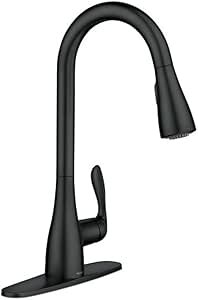 Moen 87912BL Georgene Matte Black Single Handle High-Arc Kitchen Faucet with Sprayer Function (Deck Plate Included)