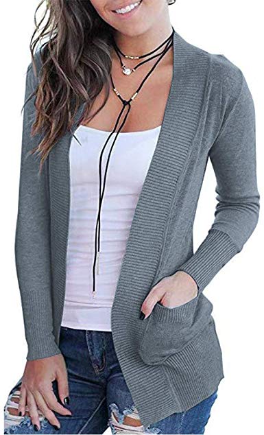 VOIANLIMO Women's Open Front Casual Long Sleeve Knit Classic Sweaters Cardigan with Pockets