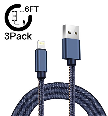 AOFU Lightning Cable,iPhone Cable iPhone Charger 3Pack 6FT 6FT 6FT Extra Long Nylon Braided Cord to USB Charging for iPhone X/8/8 Plus/ 7/7 Plus/6/6 Plus/6S/6S Plus,SE/5S/5 ,and more(Denim Blue) (NZ-Blue-002)