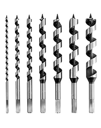 QWORK Auger Drill Bit Set, 7 Piece Set 9" Auger Bit Set Hardened Alloy Steel Ship Auger Bit Creates Deep Clean Hole Precise Drilling for Wood Drilling 1/4", 3/8", 1/2", 5/8", 3/4", 7/8",1"