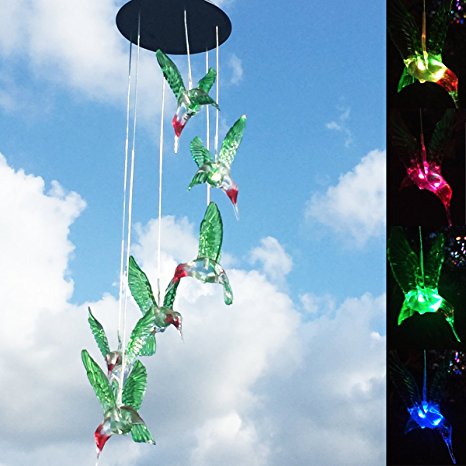 LED Solar Hummingbird Wind Chime, Changing Color Waterproof Six Hummingbird Wind Chimes For Home Party Night Garden Decoration