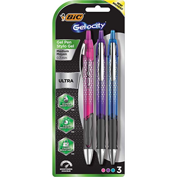 BIC Gel-ocity Ultra Retractable Fashion Gel Pen, Assorted Colors, 3-Count