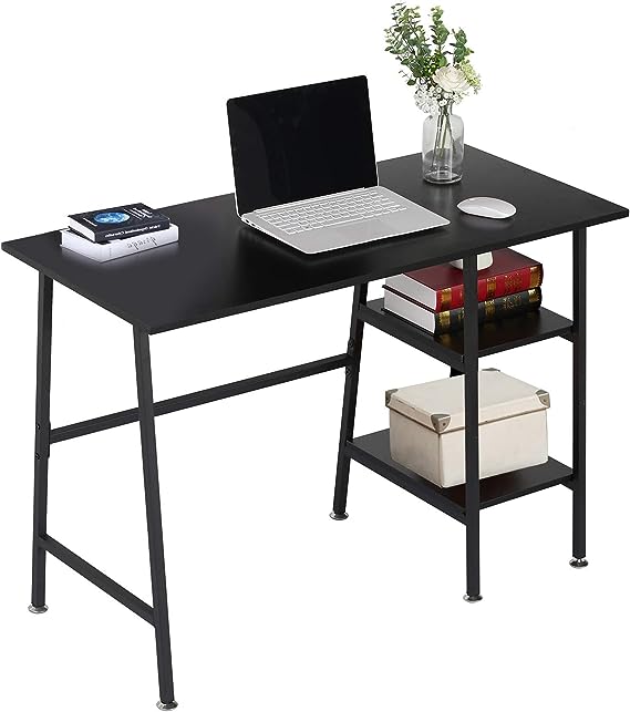 VECELO 43 Inch Computer, Study Table Writing Desk with 2 Tier Storage Shelves, Adjustable Feet/Waterproof, Workstation with Metal Frame for Home Office, Black, 43"