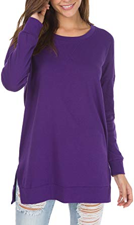 levaca Women's Fall Long Sleeve Side Split Loose Casual Pullover Tunic Tops