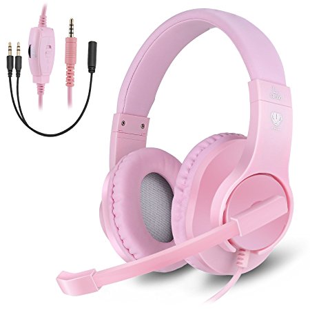 Greatever Stereo Gaming Headset for PS4 Xbox One, Professional 3.5mm Bass Over-Ear Headphones with Mic,Volume Control for Laptop, PC, Mac, iPad, Computer, Smartphones, Pink