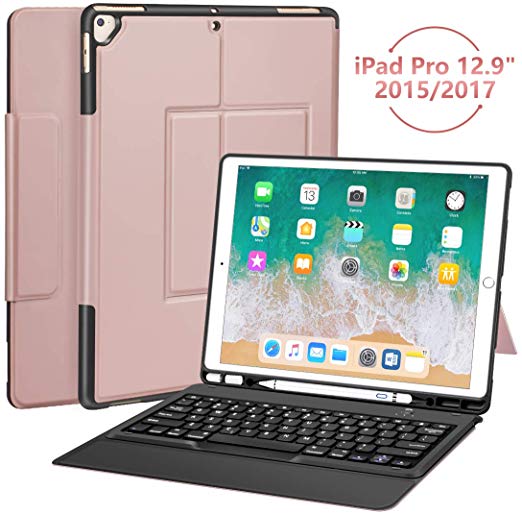 iPad Pro 12.9 Case with Keyboard for ipad pro 12.9" 2015/2017, Ultra-Thin PU Leather Silicon Rugged Shock Keyboard Stand Case with Pencil Holder (Not Fit for 2018 New ipad)-Rose Gold