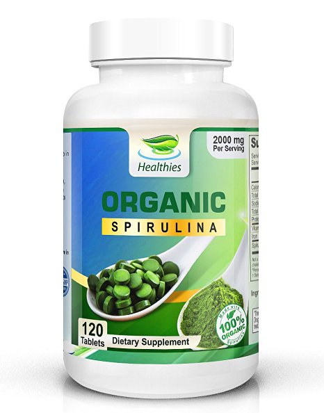 Healthies Organic Spirulina - 60% Protein All Essential Amino Acids - Green Superfood Health Supplement - Purest Spirulina Tablets 2000mg Per Serving - Non GMO 120ct, Kosher, Halal, Nutrient Dense