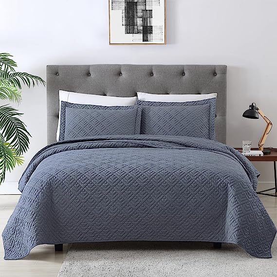 EXQ Home Quilt Set Full/Queen Size Blue 3 Piece,Lightweight Microfiber Soft Coverlet Modern Style Squares Pattern Bedspread Set for All Season(1 Quilt,2 Pillow Shams)