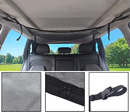 Holiberty Car Ceiling Cargo Net Pocket Interior Overhead Roof Top Bag Polyester Hanging Sundries Storage Organizer Car Net for Jeep Van SUV Trunk