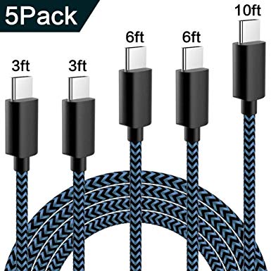 WSCSR USB C Cable 5Pack (3/3/6/6/10FT) Nylon Braided Type C Cable Charger USB Type C Cable Fast Charging Cord for Samsung Galaxy Note 8 S8 Plus, LG G5 G6 V30, HTC 10, Nexus 5X(Black and Blue)