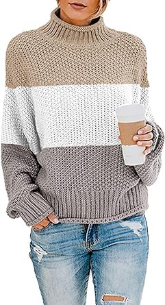 Dokotoo Womens 2023 Winter Fall Solid Turtleneck High Neck Balloon Long Sleeve Sweaters Pullover Outerwear