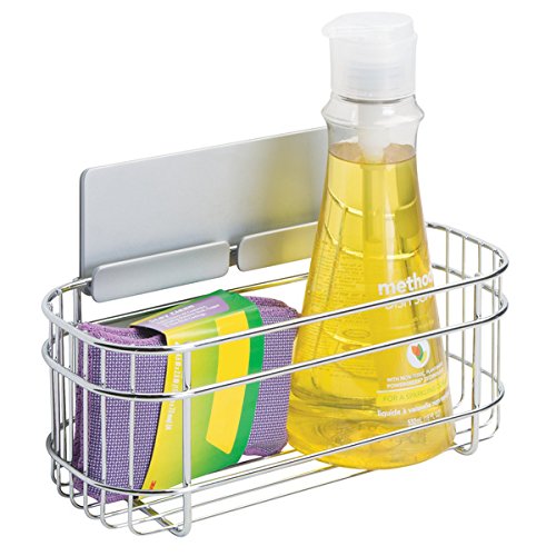 mDesign AFFIXX Kitchen Organiser for Washing Up Liquid, Sponges and More - Self-Adhesive Steel Storage Basket - Ideal Kitchen Storage Solution - Chrome