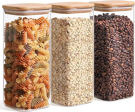 ComSaf 61oz Glass Storage Containers with Lids, Glass Jars with Bamboo Lids, Clear Food Storage Jar, Square Glass Canister Set of 3, Pantry Organizers and Storage for Flour Rice Pasta Tea Coffee Bean